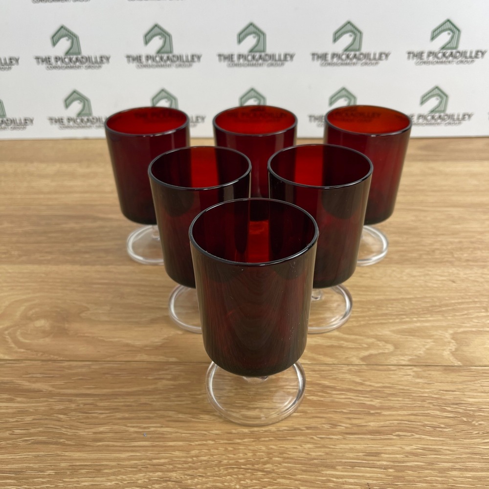 Vintage Ruby Red Cordial Glasses Set of 6 Clear Footed Base MCM Barware 4.25in